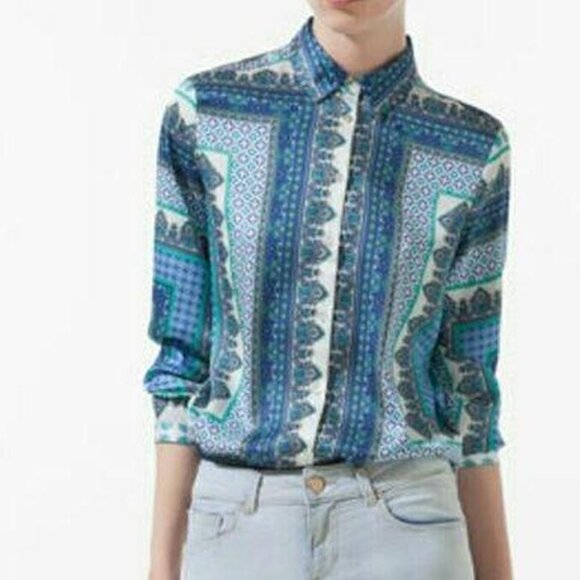 Zara Tops - Zara Basic Scarf Print Button Up Blouse Shirt In Blue Motif Size S EUC